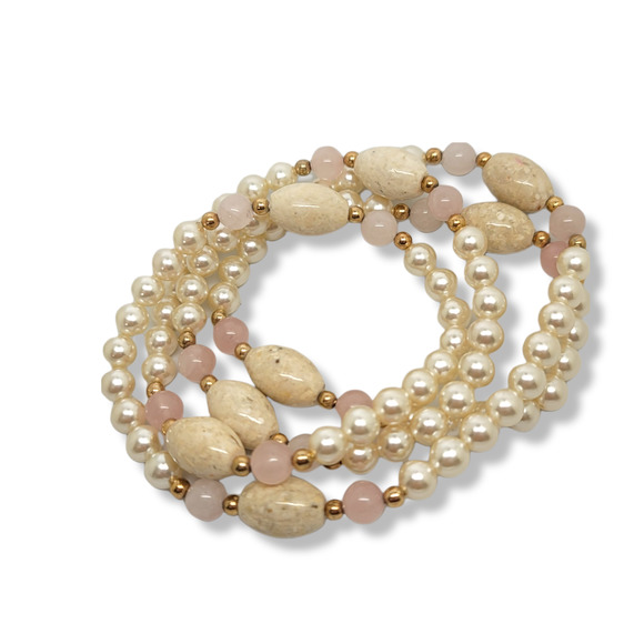 Vintage Stone, Rose Quartz, Faux Pearl, Gold Ball Continuous 36" Necklace - Picture 3 of 6